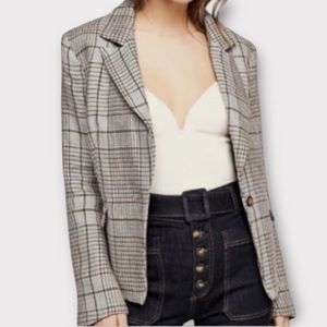 Free People Women’s Blazer Jacket XS 100% Linen Chess Plaid Academia Preppy NWOT